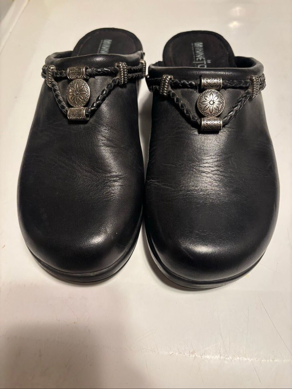 Minnetonka Black Leather Clogs